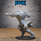 Broad-shouldered armoured berserker viewed from behind and to one side, clawed arm extended wide and spear gripped at the shoulder, dense fur texture visible beneath angular plate armour, shredded cloak mid-billow. Sculpt by Epic Miniatures.