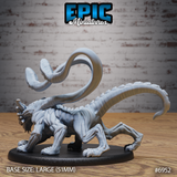 Planar Panther Beast by Epic Miniatures — side view showing two looping tentacles rising from the back, heavy scaled spine running to a curled tail, powerful haunches and splayed clawed feet on a plain oval base.