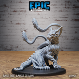 Crouching feline beast with two thick barbed tentacles arching overhead, snarling leonine head with wild mane, scaled haunches and clawed forelimbs, on a large oval base. Sculpt by Epic Miniatures.