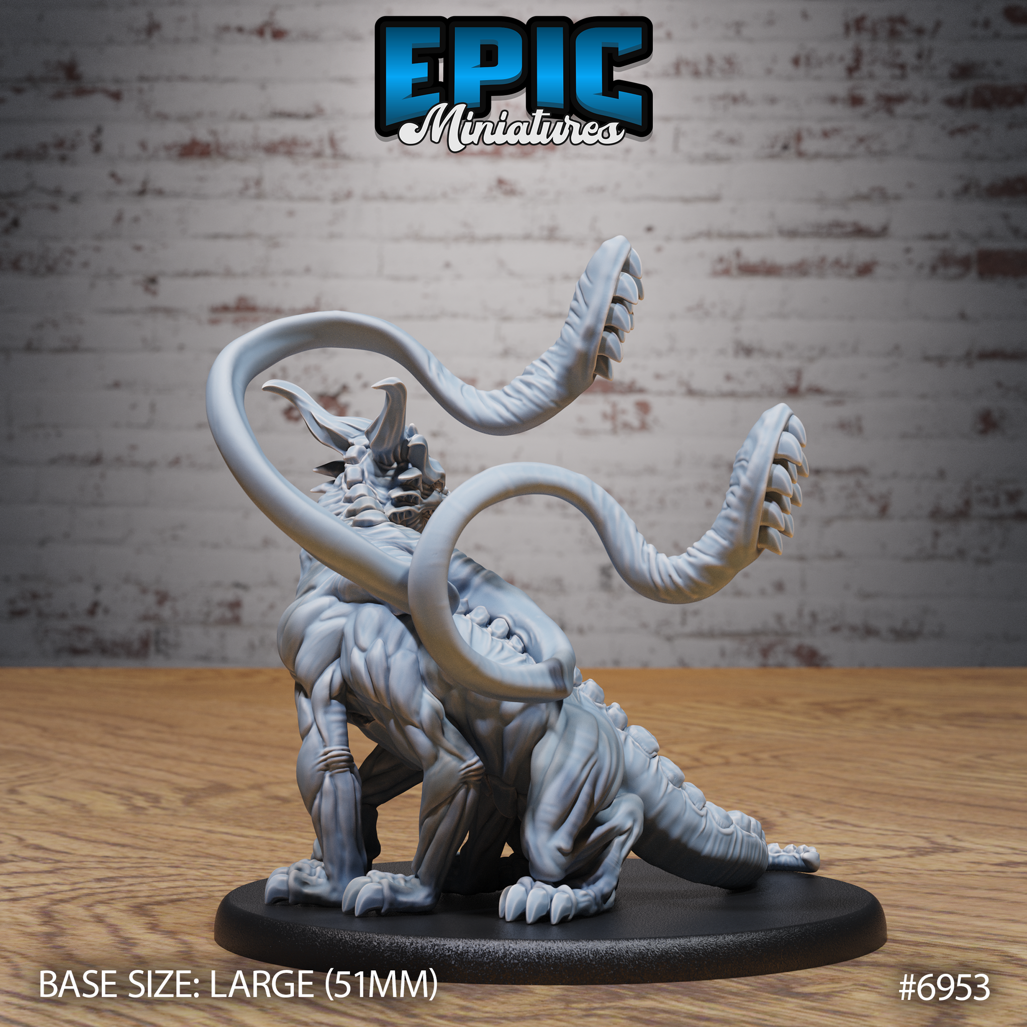 Heavily muscled panther-like creature viewed from behind, two ridged segmented tentacles raised and curling outward, scaled back plates and clawed rear feet visible, on a large oval base. Sculpt by Epic Miniatures.