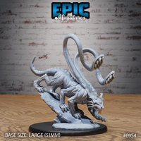 Snarling quadrupedal beast crouched over a shattered stone base, reptilian body with scaled spine, two long tentacles with toothed maw tips curling overhead, wide fang-filled jaw. Sculpt by Epic Miniatures.