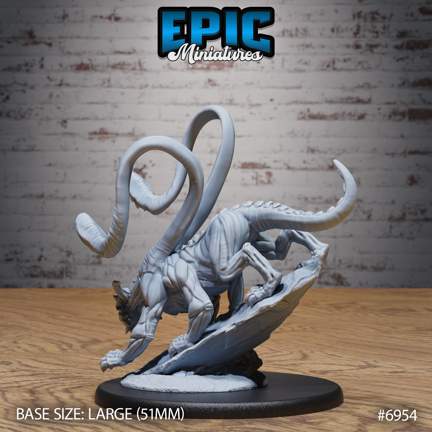 Rear and side view of a crouching reptilian beast with exposed ribbed underbelly, two whip-like tentacles arching upward, clawed feet gripping a broken stone ledge base. Sculpt by Epic Miniatures.