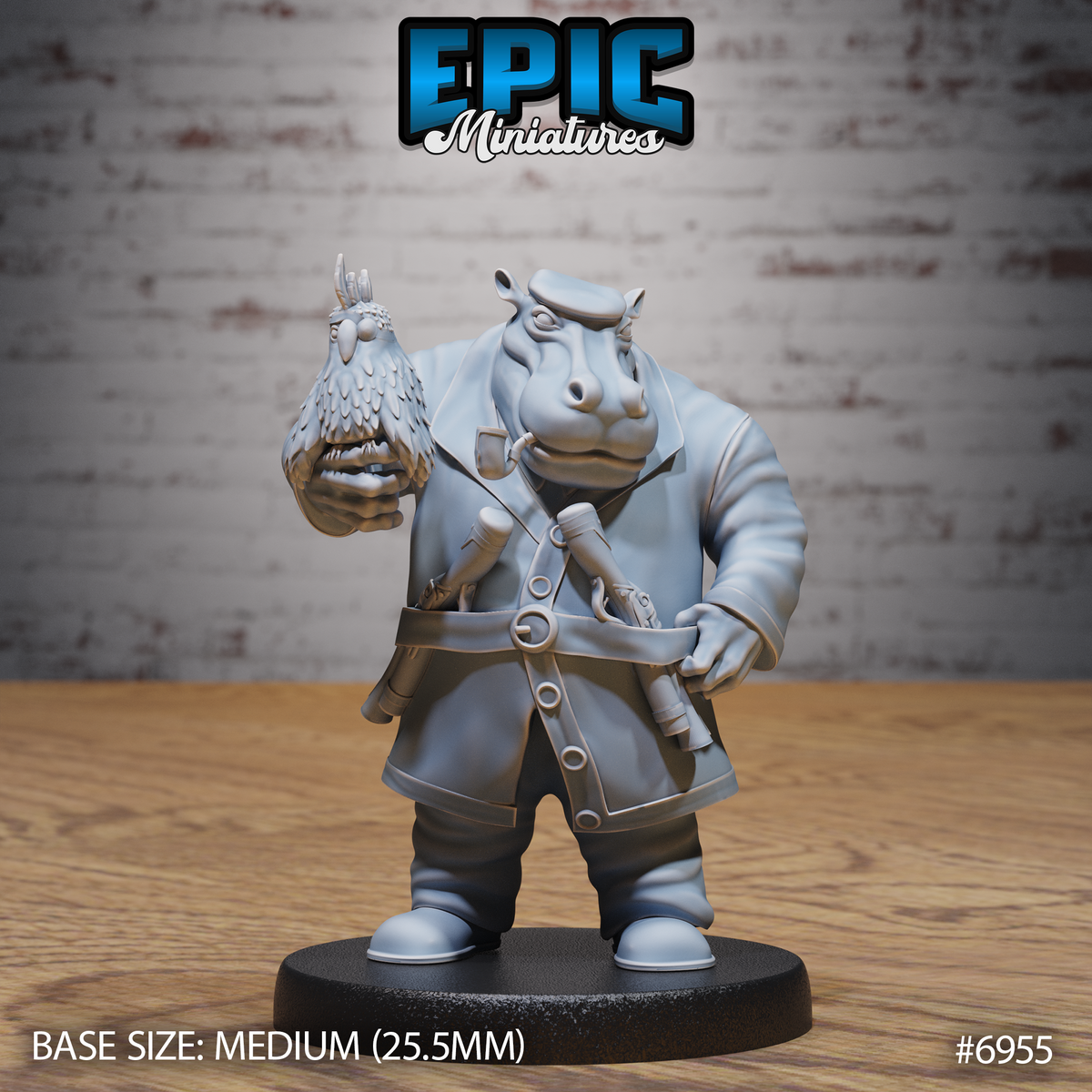 Stocky hippo-headed humanoid in a long coat and flat cap, holding a feathered bird in one raised fist, with multiple pistols and blunderbusses tucked into a wide belt. Sculpt by Epic Miniatures.