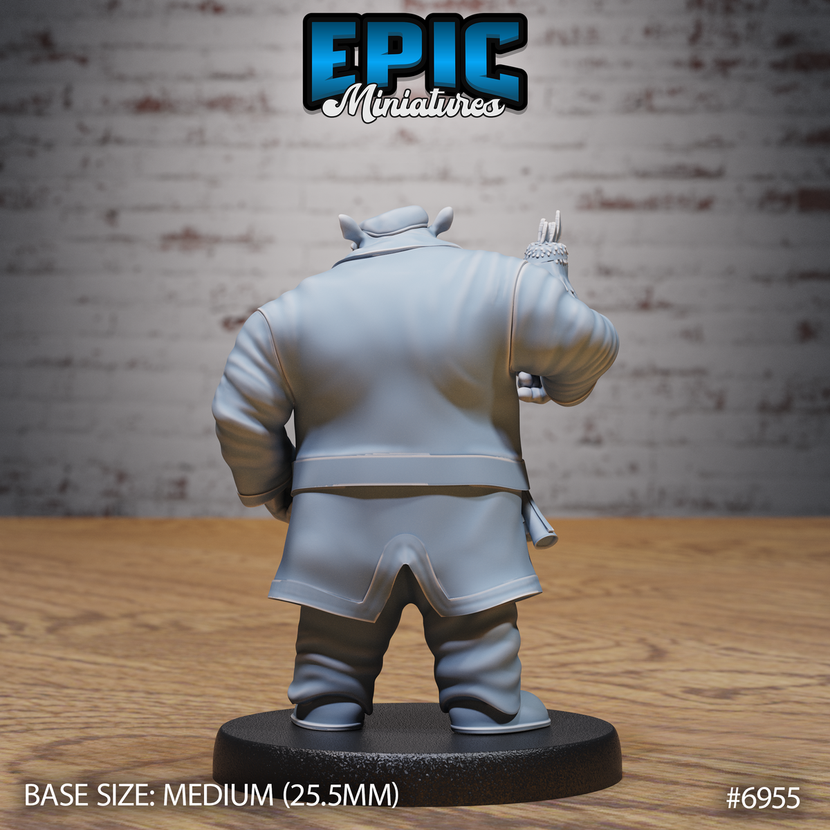 Hippo-headed humanoid seen from behind, broad-shouldered in a long layered coat, one arm raised holding a small bird. Wide belt visible across the lower back. Sculpt by Epic Miniatures.