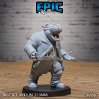 Rotund hippo pirate mid-roar with jaw wide open, wearing a long coat and waistcoat, arms spread wide, twin pistols and tools at the belt. Sculpt by Epic Miniatures.