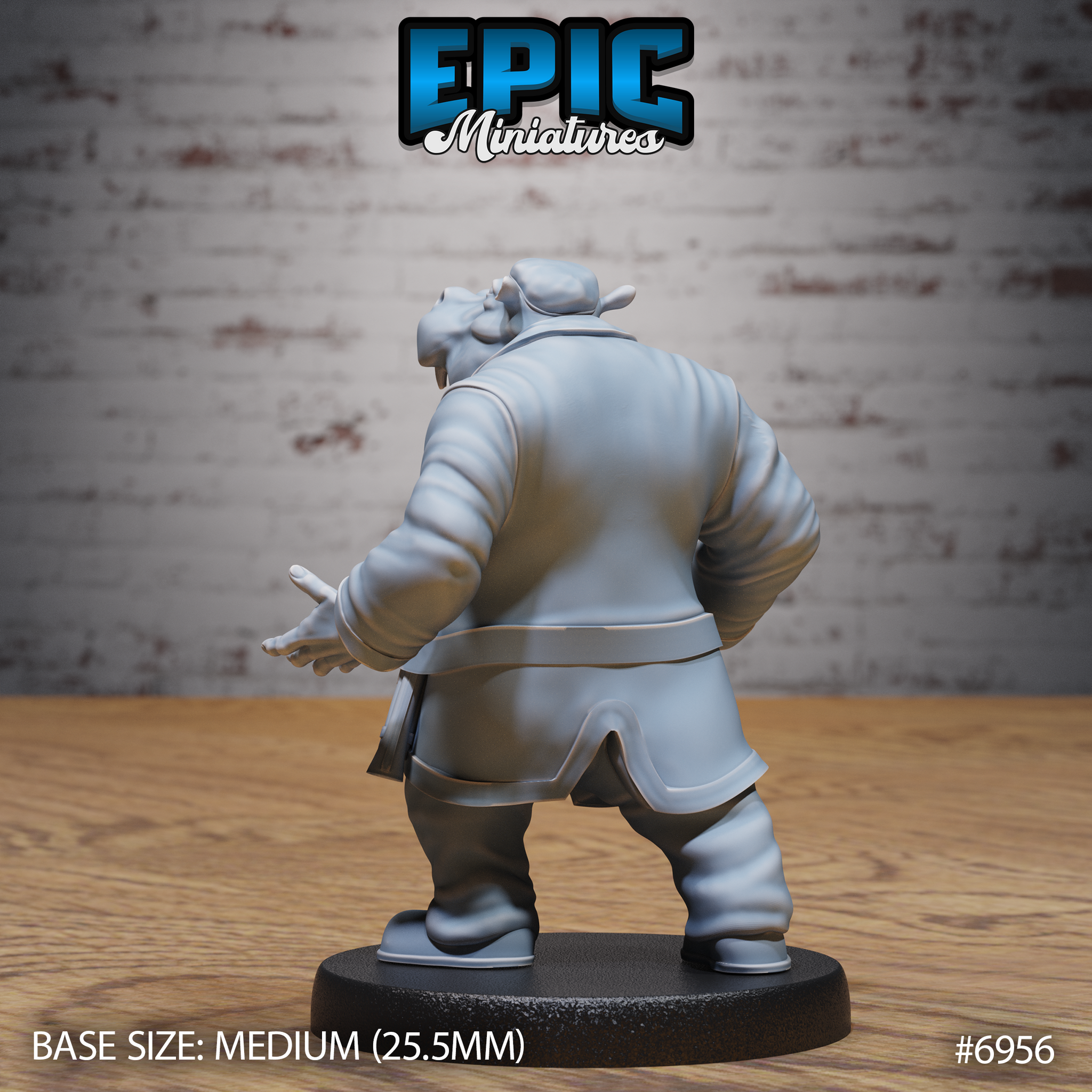 Hippo pirate seen from behind, broad-shouldered in a long coat with belt detailing, arms gesturing outward, thick legs planted wide. Sculpt by Epic Miniatures.
