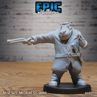 Stocky hippo-headed figure in a long coat, arm fully extended to aim a flintlock pistol, second firearm tucked into belt, small scroll or tool in raised left hand. Sculpt by Epic Miniatures.