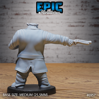 Hippo-headed pirate figure seen from behind, broad-shouldered in a long belted coat, one arm outstretched holding a flintlock pistol, rounded ears visible atop the wide head. Sculpt by Epic Miniatures.