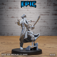 Mind Pirate Captain miniature by Epic Miniatures — cephalopod-faced pirate in a billowing coat, raising a cutlass in one hand and curling tentacles with the other, boot planted on broken ship's timber base.