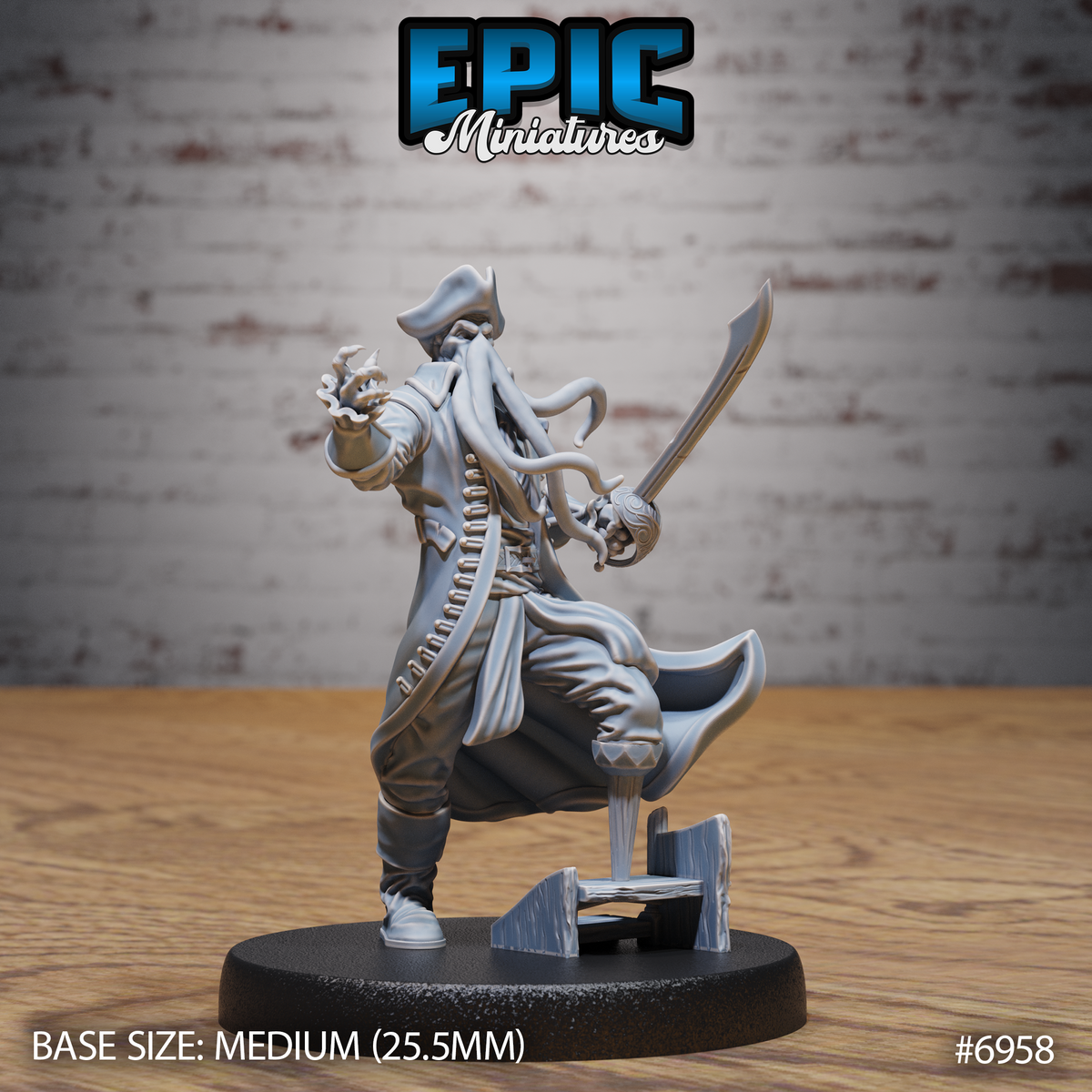 Mind Pirate Captain miniature by Epic Miniatures — cephalopod-faced pirate in a billowing coat, raising a cutlass in one hand and curling tentacles with the other, boot planted on broken ship's timber base.