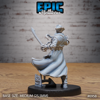 Mind Pirate Captain miniature by Epic Miniatures — rear view showing the sweeping long coat hem, belt and pouches, tricorn hat, and ornate cutlass grip, with tentacles visible coiling at the shoulder beside the scenic timber base.