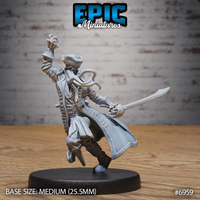 Bearded pirate captain lunging forward, cutlass raised in one hand, the other arm thrust overhead with tentacles coiling around the wrist and fist. Long buttoned frock coat mid-billow, tricorn hat. Sculpt by Epic Miniatures.