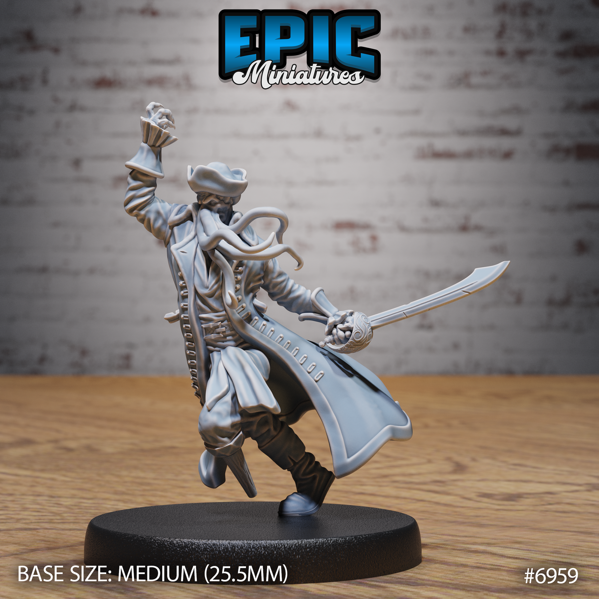 Bearded pirate captain lunging forward, cutlass raised in one hand, the other arm thrust overhead with tentacles coiling around the wrist and fist. Long buttoned frock coat mid-billow, tricorn hat. Sculpt by Epic Miniatures.