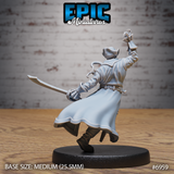 Pirate captain mid-charge from behind, cutlass extended forward, opposite arm raised with tentacles curling around the hand. Frock coat swept back dramatically, tricorn hat visible. Sculpt by Epic Miniatures.