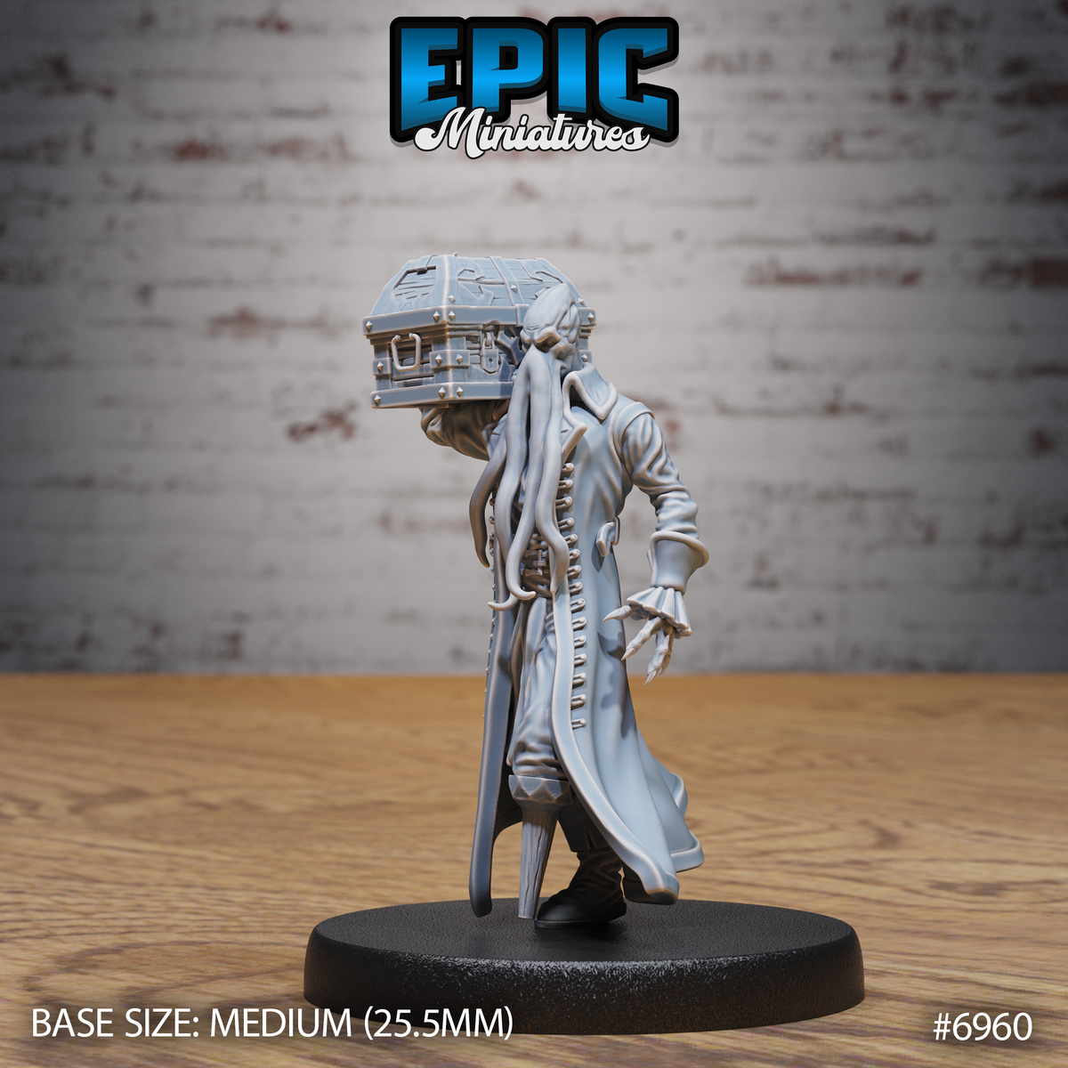 Mind flayer in a long greatcoat with ruffled cuffs, striding forward with tentacles hanging from the face and a riveted treasure chest balanced where a head would be. Sculpt by Epic Miniatures.