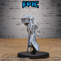 Mind flayer in a long greatcoat with ruffled cuffs, striding forward with tentacles hanging from the face and a riveted treasure chest balanced where a head would be. Sculpt by Epic Miniatures.