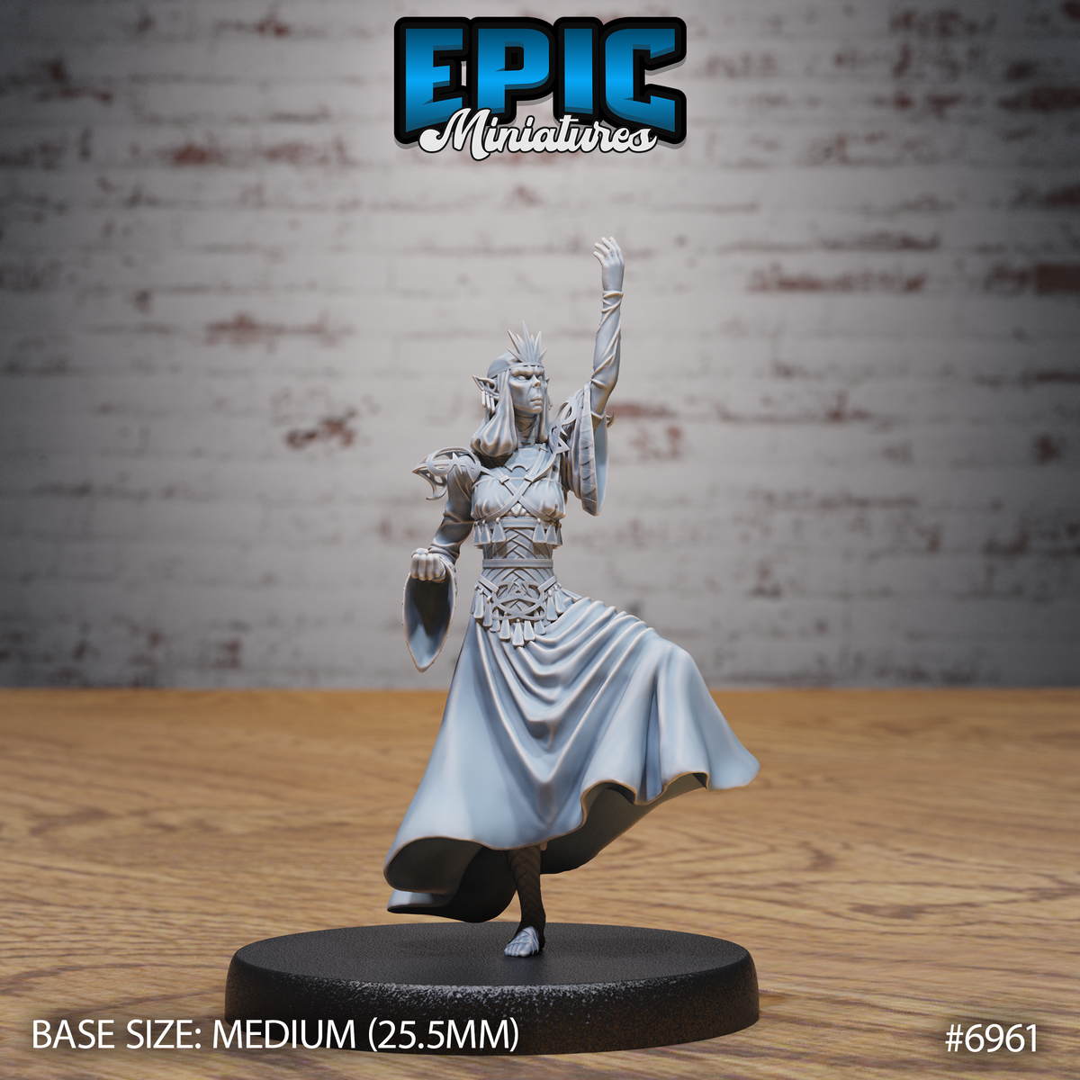 Gith Queen miniature by Epic Miniatures — elven-featured female figure striding forward, one arm raised with open palm, robes billowing, wearing layered armour with spiked crown and swept-back hair.