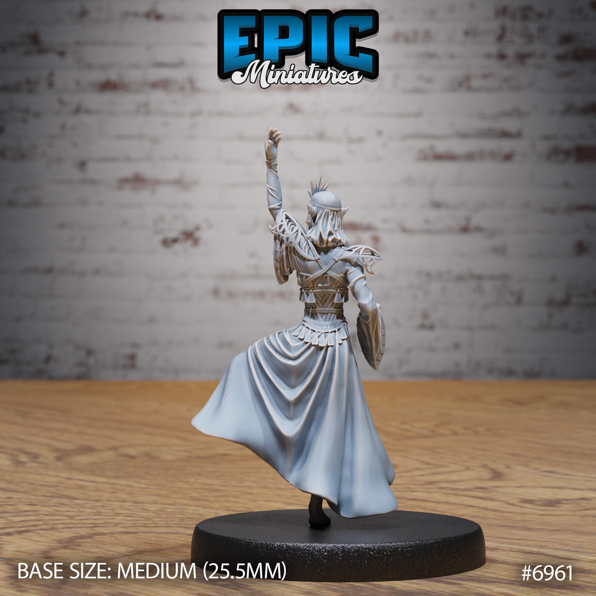 Gith Queen miniature by Epic Miniatures — rear view showing detailed back armour with crosswork strapping, articulated tassets, and deep fabric folds in the flowing robe, arm extended overhead.