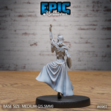 Gith Queen miniature by Epic Miniatures — rear view showing detailed back armour with crosswork strapping, articulated tassets, and deep fabric folds in the flowing robe, arm extended overhead.