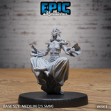 Gith Queen in a dynamic seated hover pose, arms raised and open, wearing a spiked crown and criss-crossed chest bindings, with billowing robes sweeping around her lower body. Sculpt by Epic Miniatures.