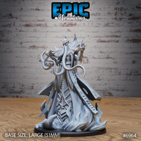 Robed Mind Overlord miniature with tentacles coiling outward, wearing a bladed crown, holding a skull focus, rising from a swirling flame-like scenic base. Sculpt by Epic Miniatures.