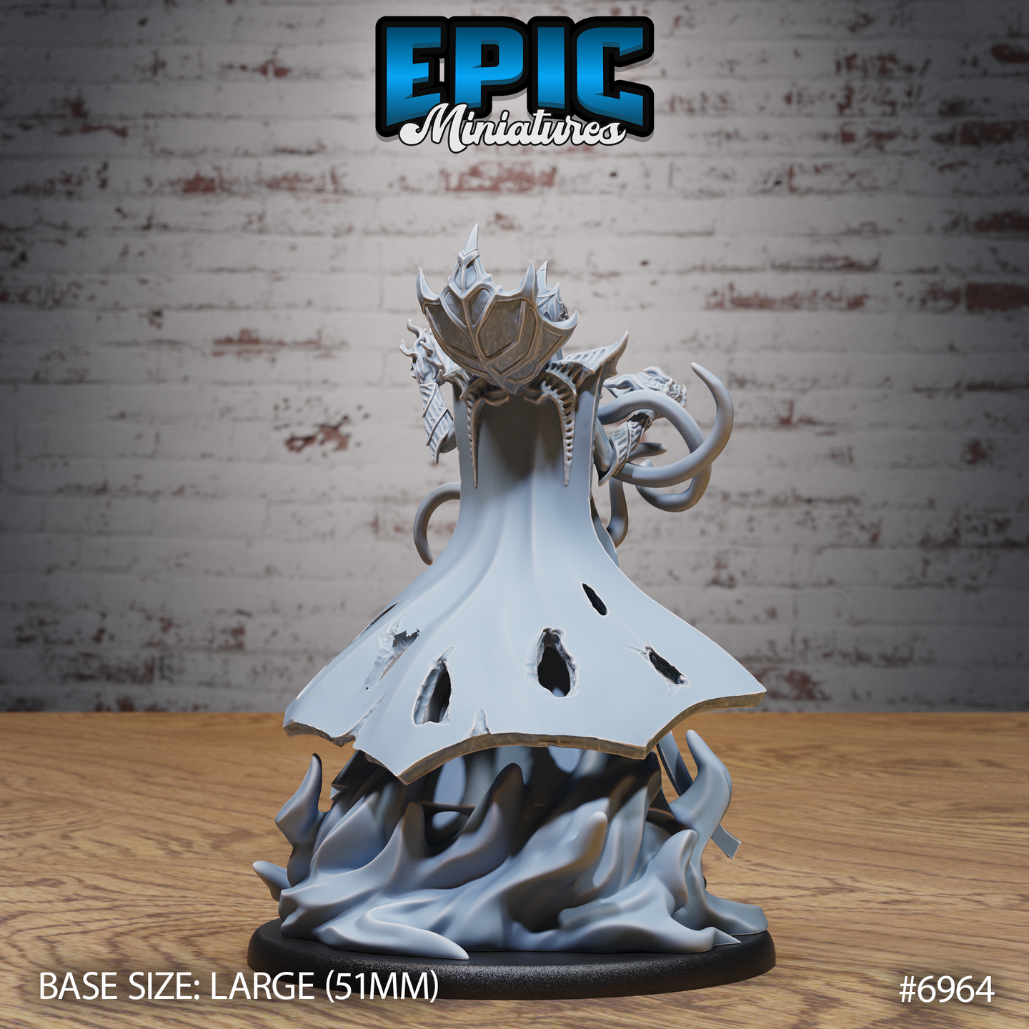 Rear of the Mind Overlord miniature showing ragged void-like holes in the flowing robe, a bladed crown, and sinuous tentacles curling from the sides over a swirling base. Sculpt by Epic Miniatures.
