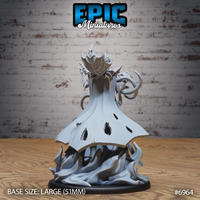 Rear of the Mind Overlord miniature showing ragged void-like holes in the flowing robe, a bladed crown, and sinuous tentacles curling from the sides over a swirling base. Sculpt by Epic Miniatures.