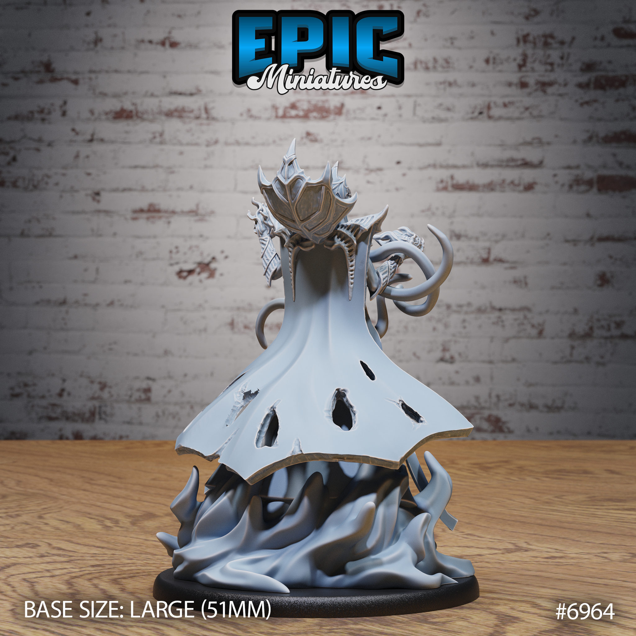 Rear of the Mind Overlord miniature showing ragged void-like holes in the flowing robe, a bladed crown, and sinuous tentacles curling from the sides over a swirling base. Sculpt by Epic Miniatures.