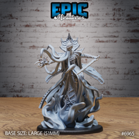 Tall robed aberration with insectoid crowned head, tentacles spread wide, one hand clutching psionic energy, rising from a sculpted swirling flame base. Sculpt by Epic Miniatures.