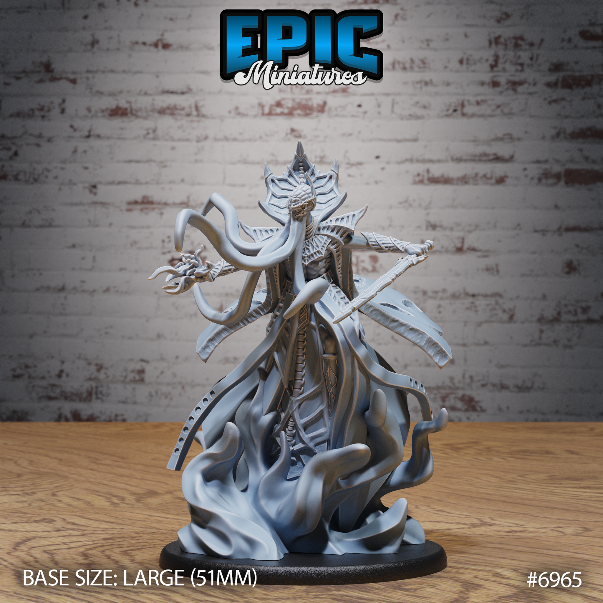 Tall robed aberration with insectoid crowned head, tentacles spread wide, one hand clutching psionic energy, rising from a sculpted swirling flame base. Sculpt by Epic Miniatures.