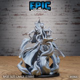 Armoured Mind Overlord miniature reading an ornate tome, tentacles coiling from its robes, clawed hand outstretched, rising above a swirling flame-energy base. Sculpt by Epic Miniatures.