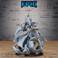 Armoured Mind Overlord miniature reading an ornate tome, tentacles coiling from its robes, clawed hand outstretched, rising above a swirling flame-energy base. Sculpt by Epic Miniatures.