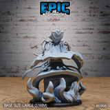 Mind Overlord miniature from behind, crested insectoid helm and chitinous back armour visible, robes billowing over a churning vortex base with sculpted flame waves. Sculpt by Epic Miniatures.