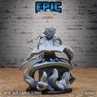 Mind Overlord miniature from behind, crested insectoid helm and chitinous back armour visible, robes billowing over a churning vortex base with sculpted flame waves. Sculpt by Epic Miniatures.