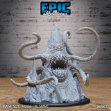 Primeval Roper by Epic Miniatures — a huge conical creature with bark-like ridged flesh, five hooked tentacles, a gaping toothed maw, and a single central eye, on a rocky stalagmite base.