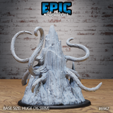 Primeval Roper by Epic Miniatures — rear aspect showing the tall spired cone of deeply striated, wood-grain flesh with tentacles curling outward from the flanks across a broken rocky base.