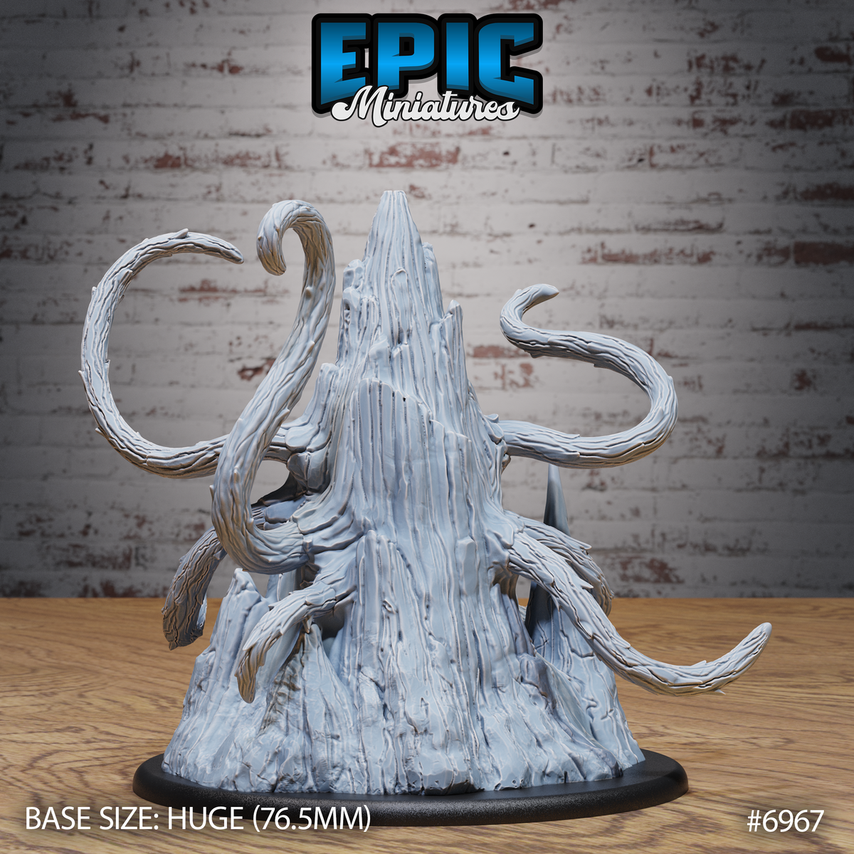 Primeval Roper by Epic Miniatures — rear aspect showing the tall spired cone of deeply striated, wood-grain flesh with tentacles curling outward from the flanks across a broken rocky base.