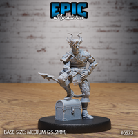 Tiefling rogue standing with one boot atop a small treasure chest, wearing quilted leather armour and pauldrons, with swept-back horns and a long barbed tail. Sculpt by Epic Miniatures.