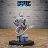 Tiefling rogue seen from behind, revealing quilted leather back armour, crosswise chest harness, and a long curving barbed tail resting low on the ground beside a small treasure chest. Sculpt by Epic Miniatures.