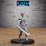 Horned tiefling warrior in layered plate and quilted armour, holding a broad serrated blade low in one hand while raising the other in a taunting gesture. Sculpt by Epic Miniatures.