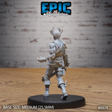 Tiefling figure with swept-back curved horns and cross-body armour straps, mid-stride with weight forward, one hand extended open and one lowered at the hip. Sculpt by Epic Miniatures.