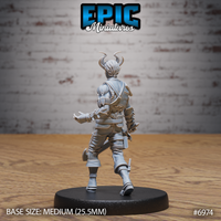 Tiefling figure with swept-back curved horns and cross-body armour straps, mid-stride with weight forward, one hand extended open and one lowered at the hip. Sculpt by Epic Miniatures.