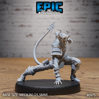 Tiefling rogue miniature in a deep wide-legged combat stance, clawed hand low to the ground, barbed tail arcing overhead, wearing layered leather armour with swept-back hair and curling horns. Sculpt by Epic Miniatures.