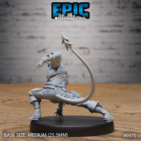 Tiefling rogue miniature crouching low with head bowed and leather mask wrapping the face, barbed tail raised in a sharp curve overhead, quilted torso armour and cross-strapped bracers visible. Sculpt by Epic Miniatures.
