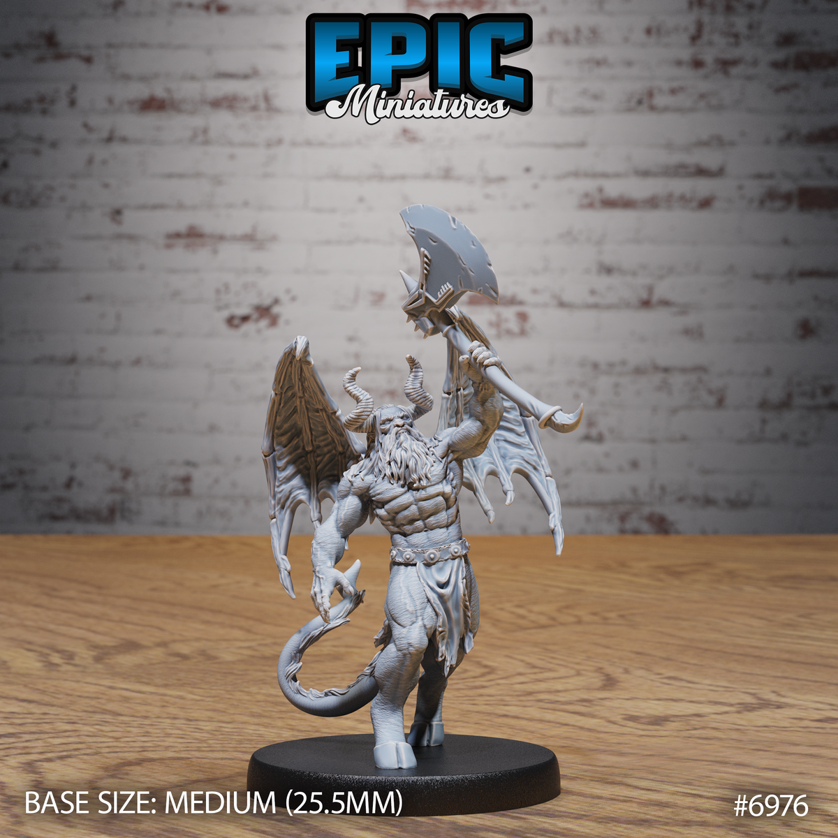 Bearded cambion warrior raising a large crescent-bladed greataxe overhead, with swept-back ram horns, wide bat-like wings, a coiling serpentine tail, and a studded belt over a tattered loincloth. Sculpt by Epic Miniatures.