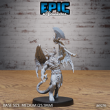 Bearded cambion warrior raising a large crescent-bladed greataxe overhead, with swept-back ram horns, wide bat-like wings, a coiling serpentine tail, and a studded belt over a tattered loincloth. Sculpt by Epic Miniatures.