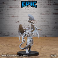 Bearded cambion warrior raising a large crescent-bladed greataxe overhead, with swept-back ram horns, wide bat-like wings, a coiling serpentine tail, and a studded belt over a tattered loincloth. Sculpt by Epic Miniatures.
