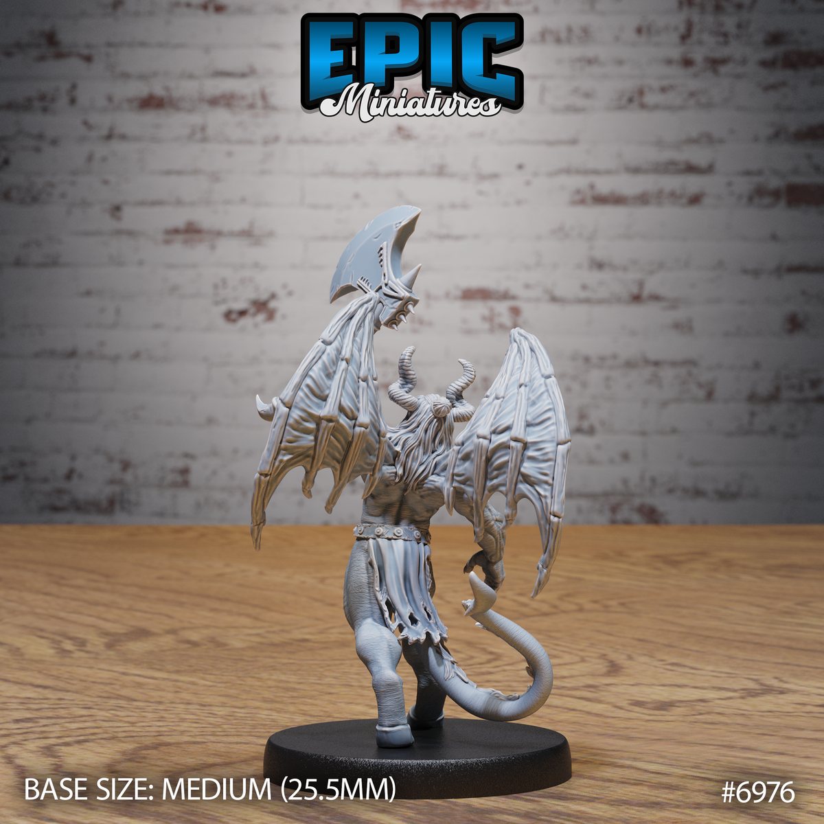 Cambion miniature seen from behind, showing the full spread of skeletal-ribbed bat wings, curved ram horns, long flowing hair, a coiling tail, and the raised greataxe blade visible above the head. Sculpt by Epic Miniatures.