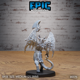 Cambion miniature seen from behind, showing the full spread of skeletal-ribbed bat wings, curved ram horns, long flowing hair, a coiling tail, and the raised greataxe blade visible above the head. Sculpt by Epic Miniatures.