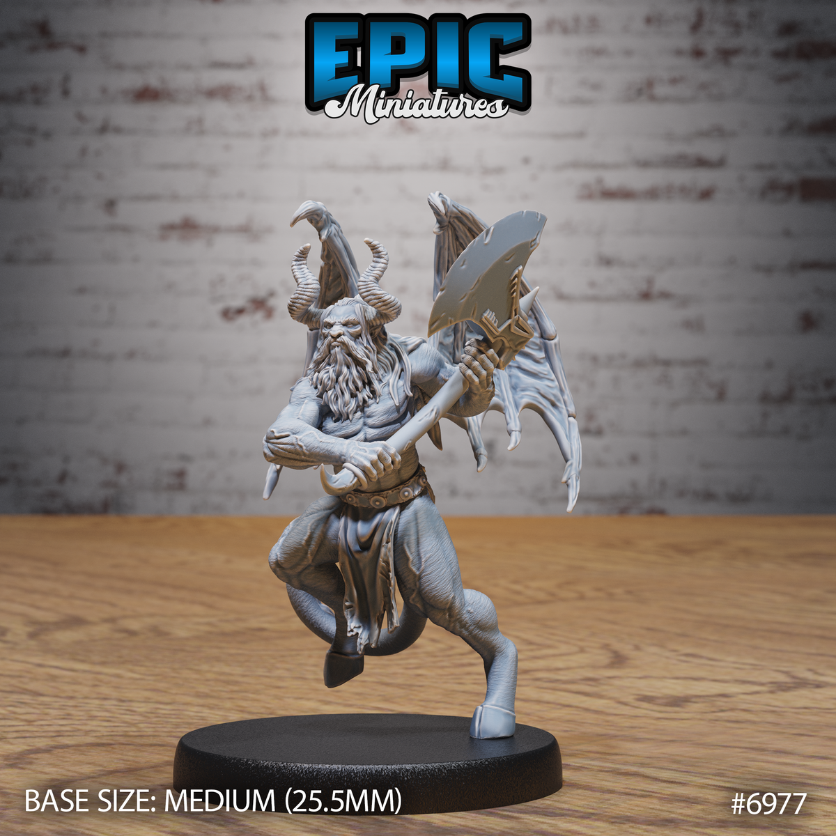Winged cambion charging forward, gripping a large great axe in both hands, horned head crowned with a bird-skull headdress, bat-like wings spread behind it. Sculpt by Epic Miniatures.